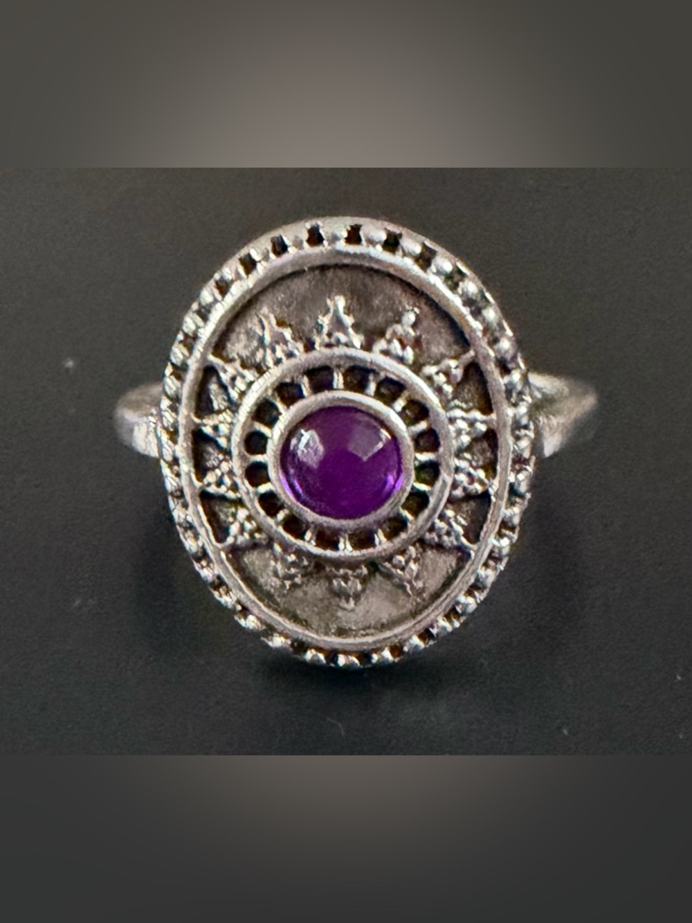 Vintage-Inspired Silver-Tone Ring with Purple Gemstone Size 7.5